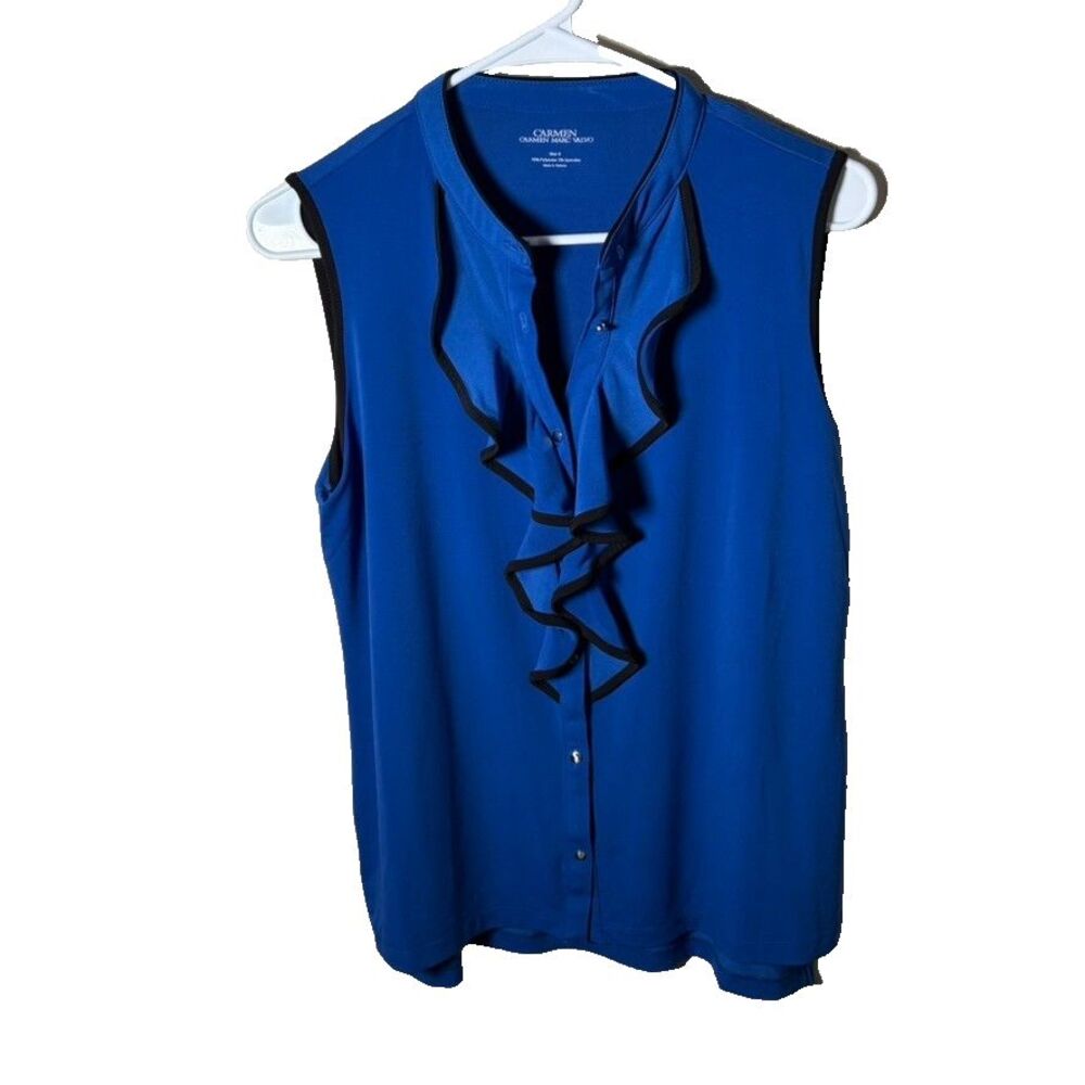 Carmen Marc Valvo Tank Top Women's Small Blue Button Up Ruffle Sleeveless Shirt